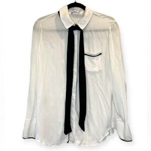 Mango MNG White long sleeve button down bow tie blouse size Medium